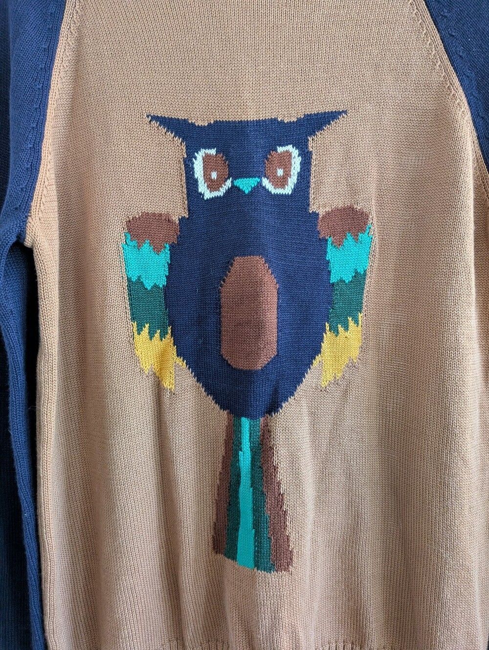 Modcloth Brown & Navy Owl Intarsia Crewneck Sweater Sample Size Small Oversized - Picture 3 of 5